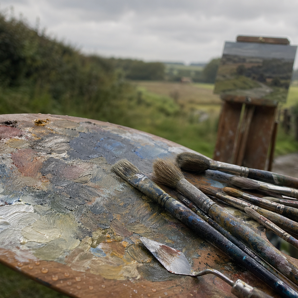 Several oil painting brushes arranged on a wooden palette with paint outdoors