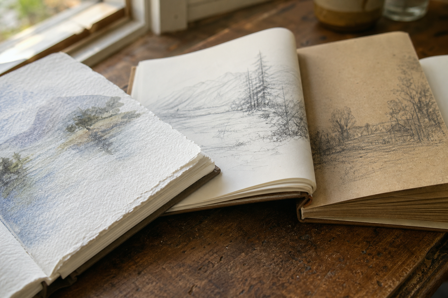 Three open sketchbooks side by side showing different paper textures and thicknesses