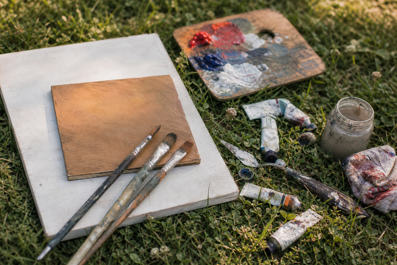 Flat lay of plein air painting supplies including panels, brushes and paint tubes on grass