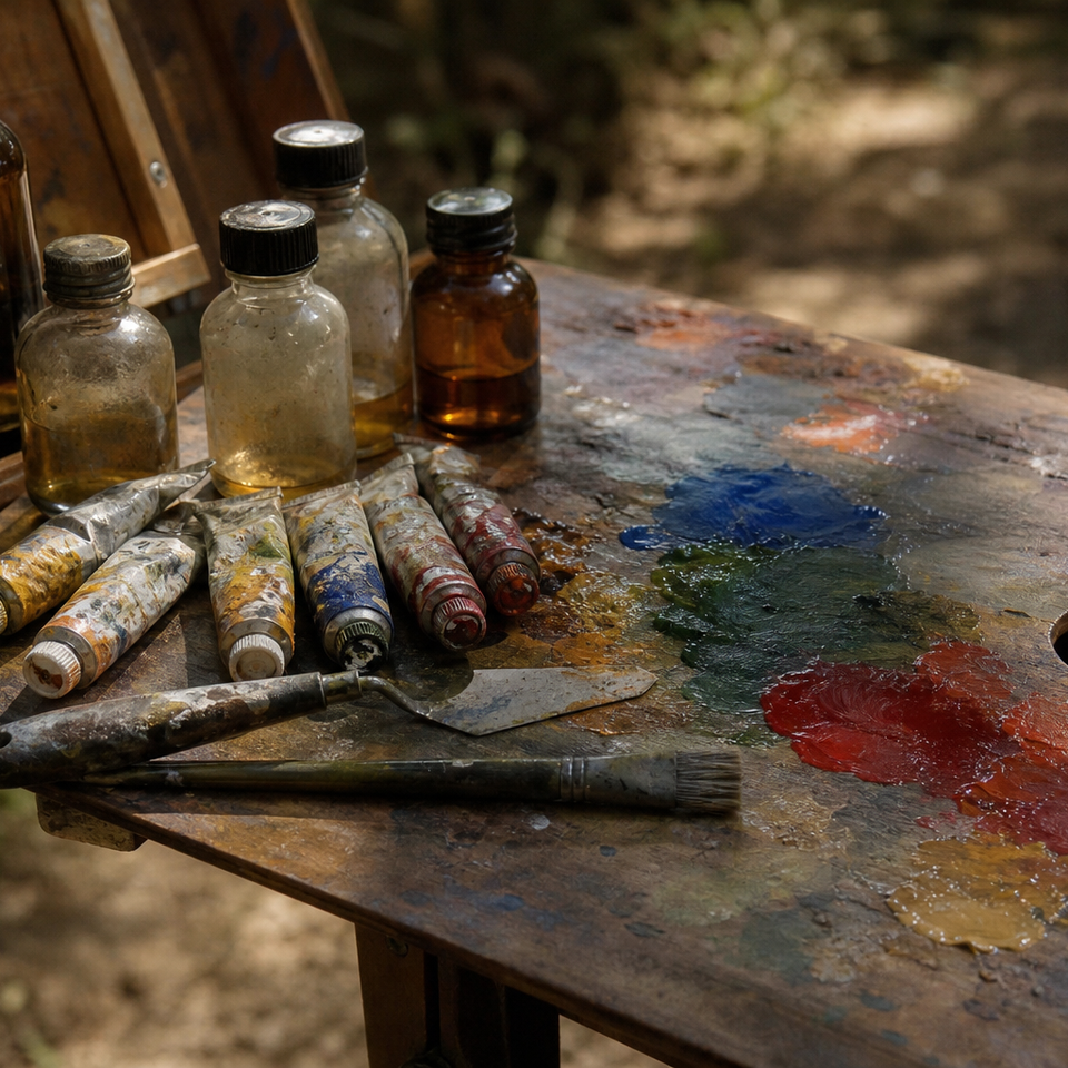 Small bottles of alkyd medium beside oil paint tubes on a wooden field palette