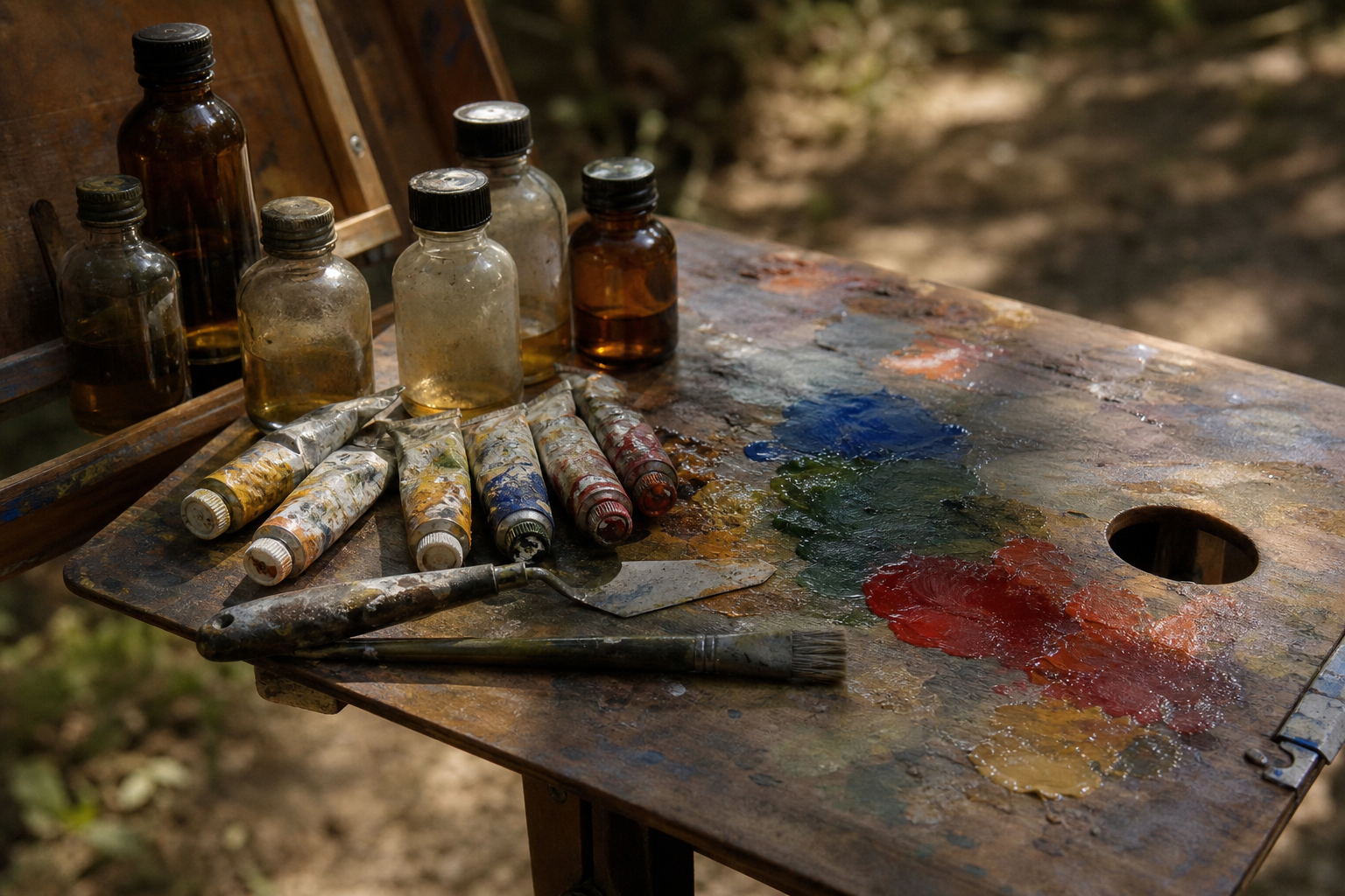 Small bottles of alkyd medium beside oil paint tubes on a wooden field palette