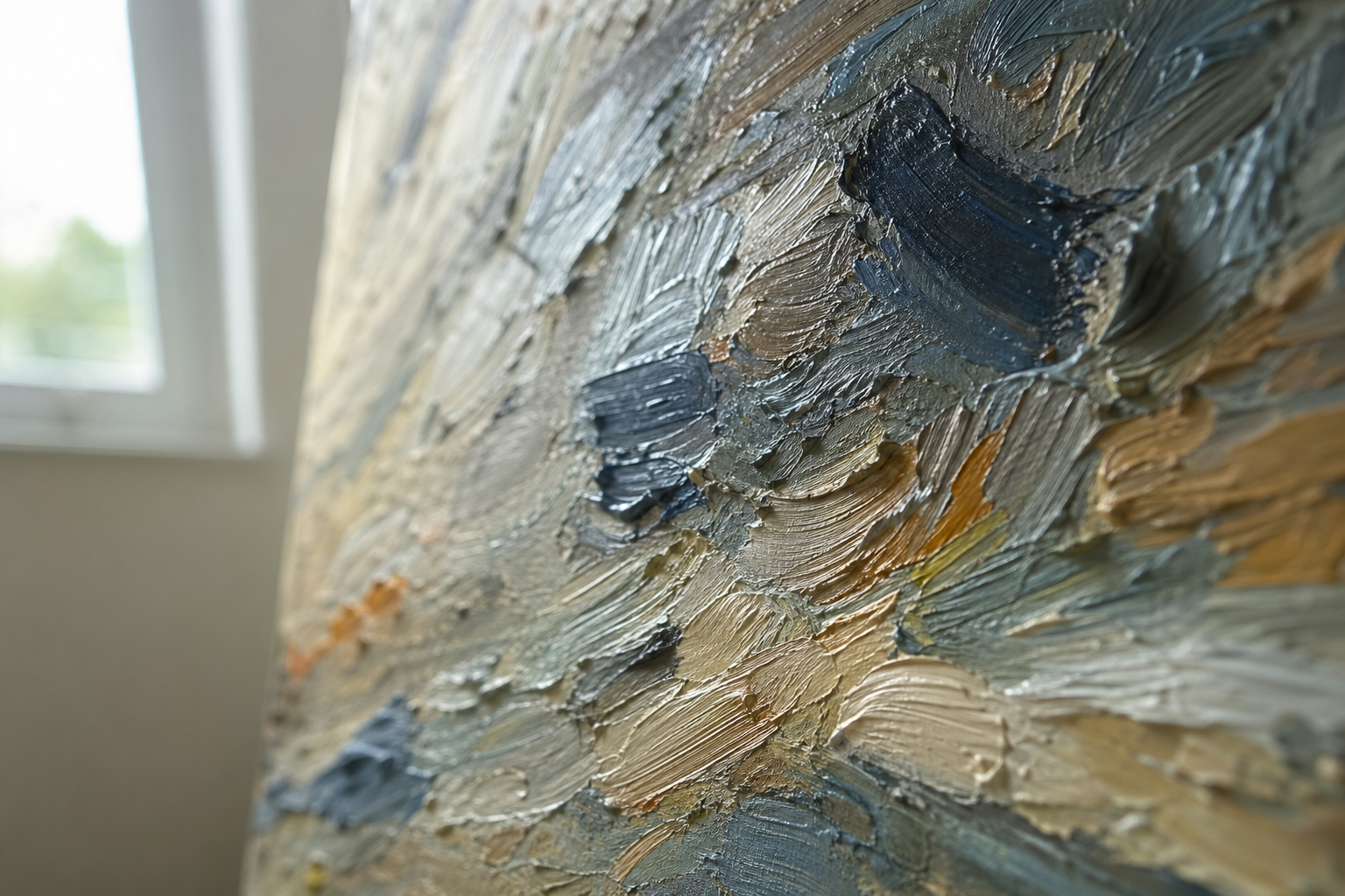 Extreme close-up of thick oil paint brushstrokes lit from one side showing texture