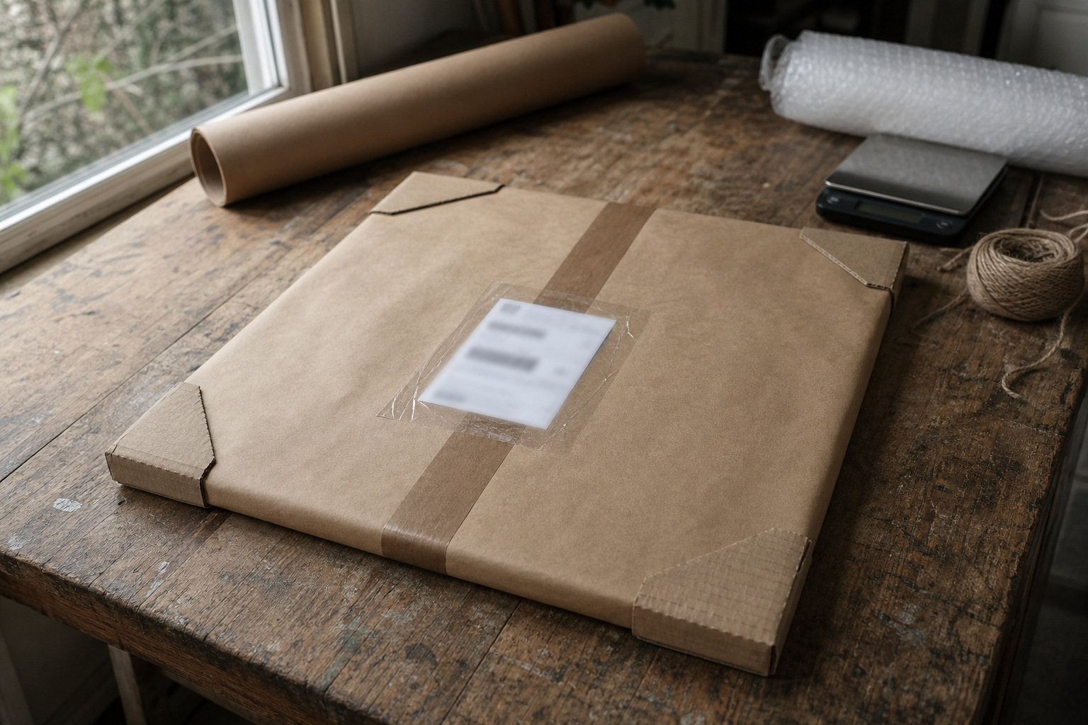 A flat painting wrapped in protective board and brown paper with a shipping label