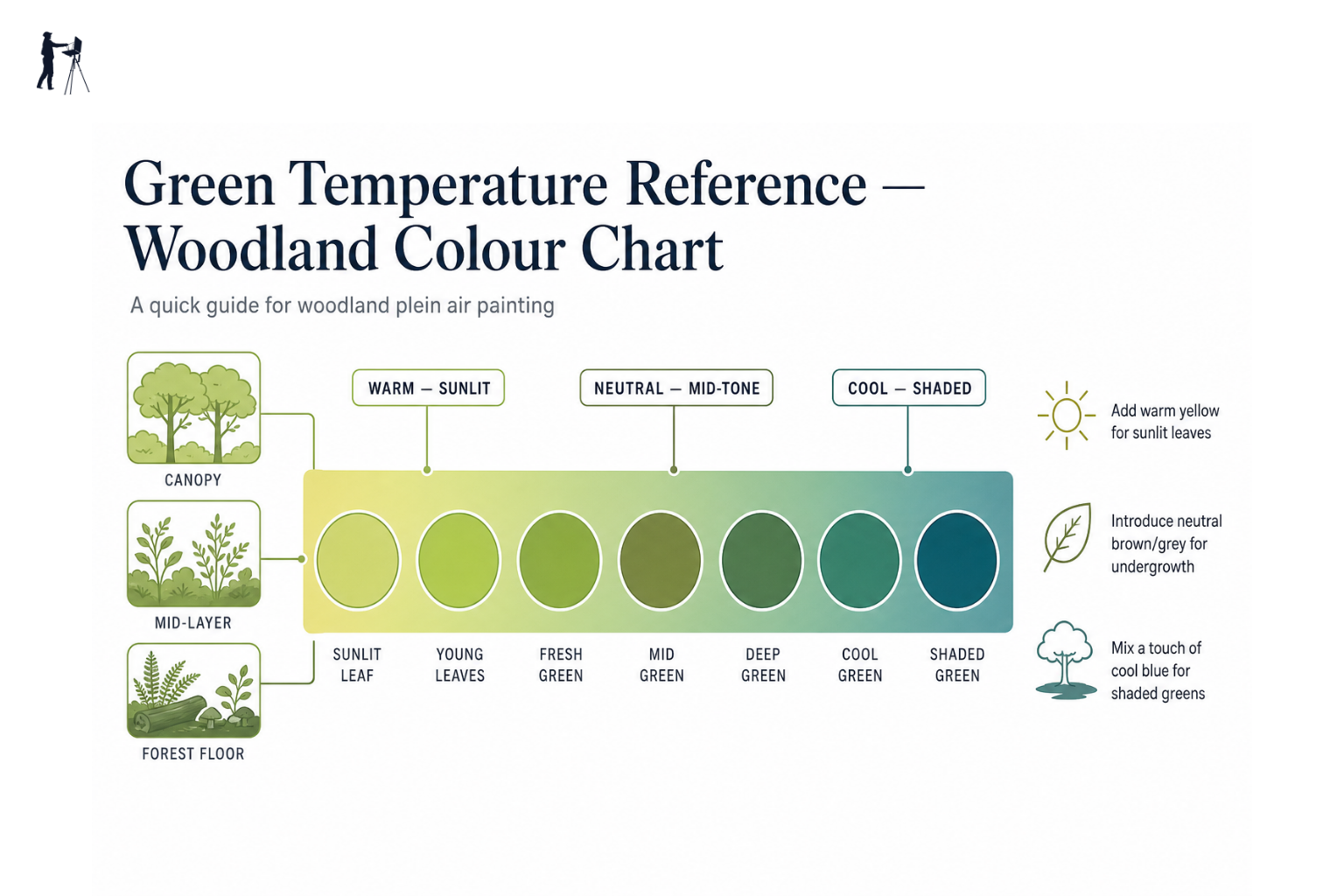 Colour temperature diagram showing warm and cool green ranges found in woodland scenes.