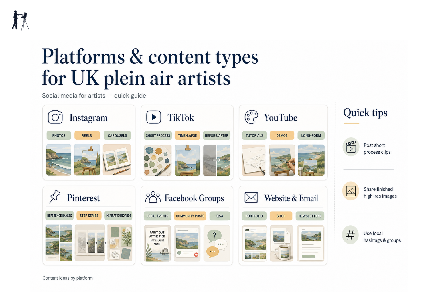 Infographic showing recommended social media platforms and content types for plein air painters.