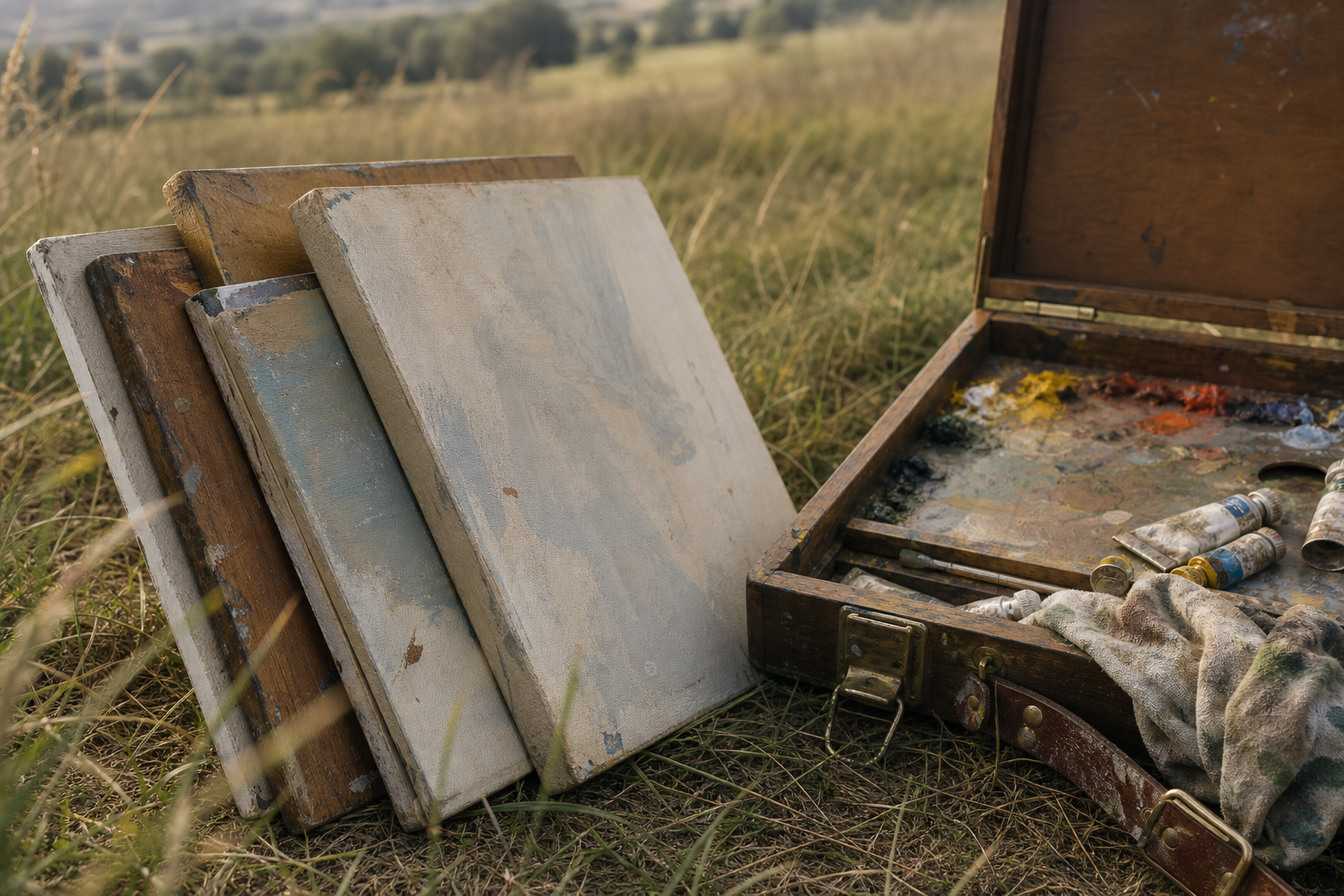 A stack of wooden and canvas painting panels beside an open pochade box on grass