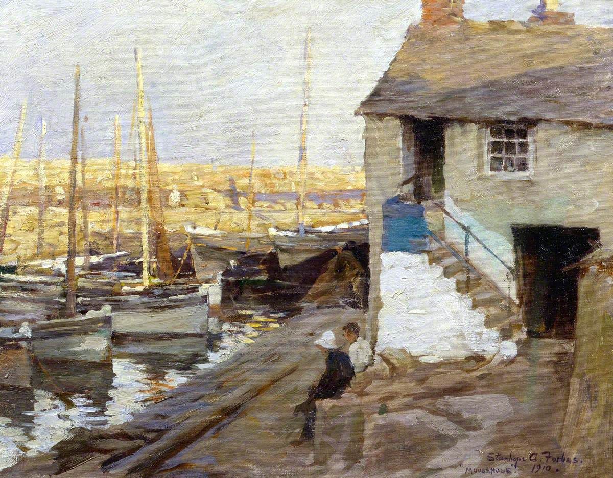 Stanhope Forbes’s view of Mousehole Harbour with boats, quay and Cornish buildings