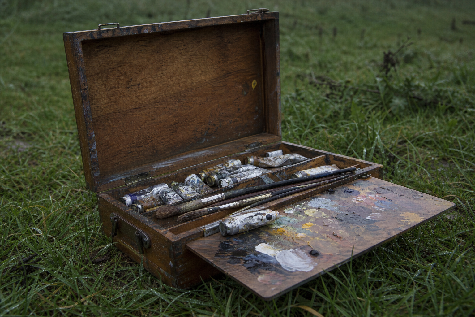 Open pochade box with paint tubes and brushes on grass in natural daylight
