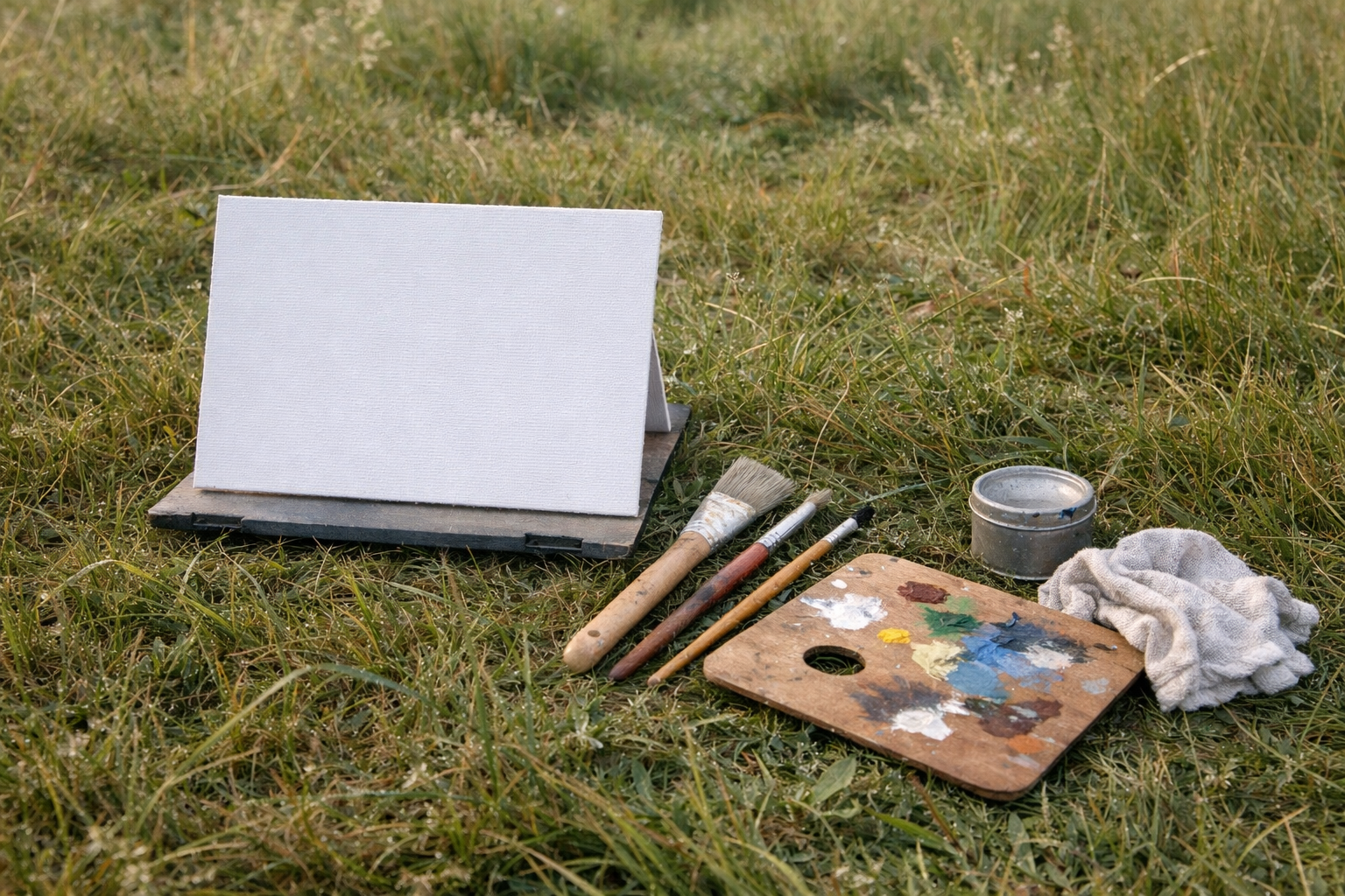 A beginner's plein air kit lied out on grass.