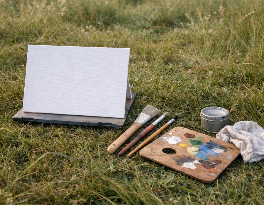 A beginner's plein air kit lied out on grass.