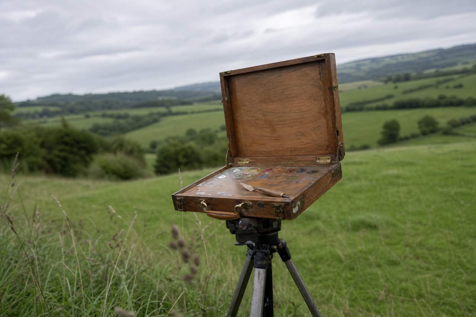 Small wooden pochade box mounted on a tripod in a green field with overcast sky