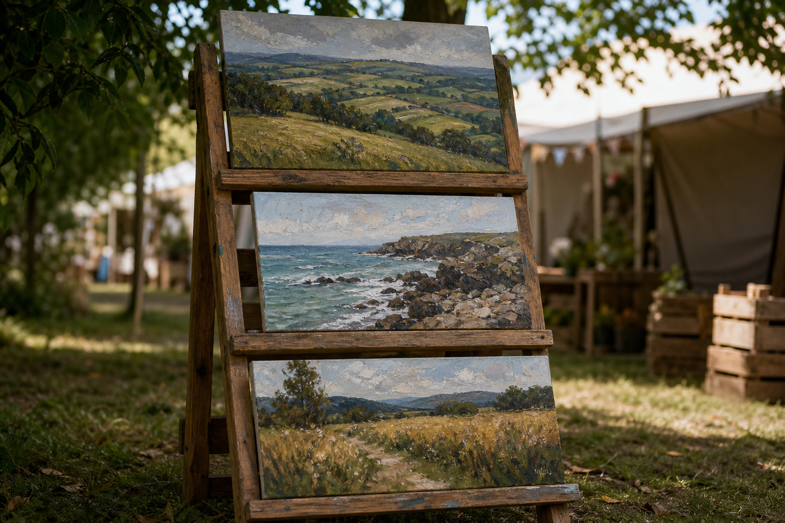 Landscape paintings on a tiered wooden easel at an outdoor fair, soft daylight