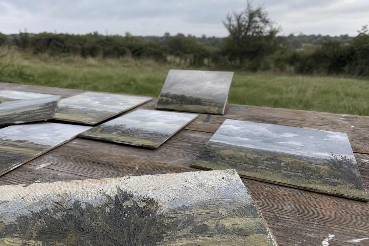 A spread of small landscape oil paintings arranged on a wooden table outdoors