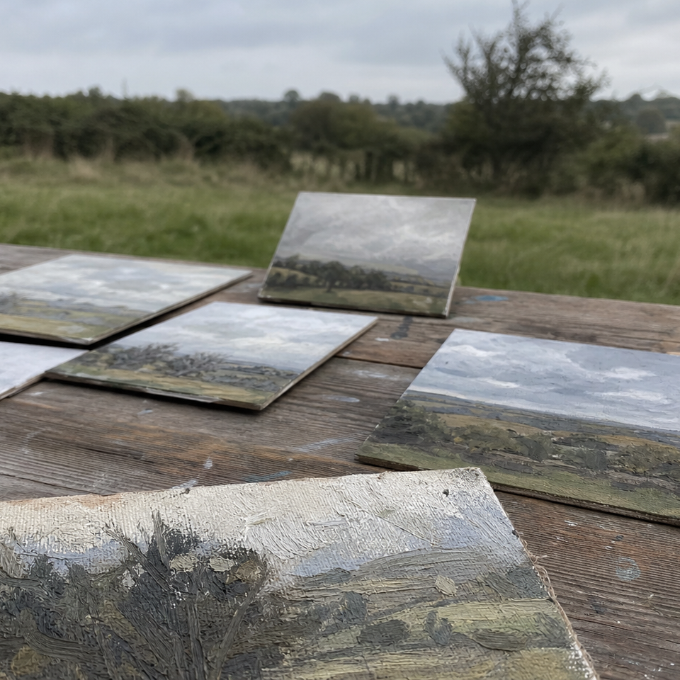 A spread of small landscape oil paintings arranged on a wooden table outdoors