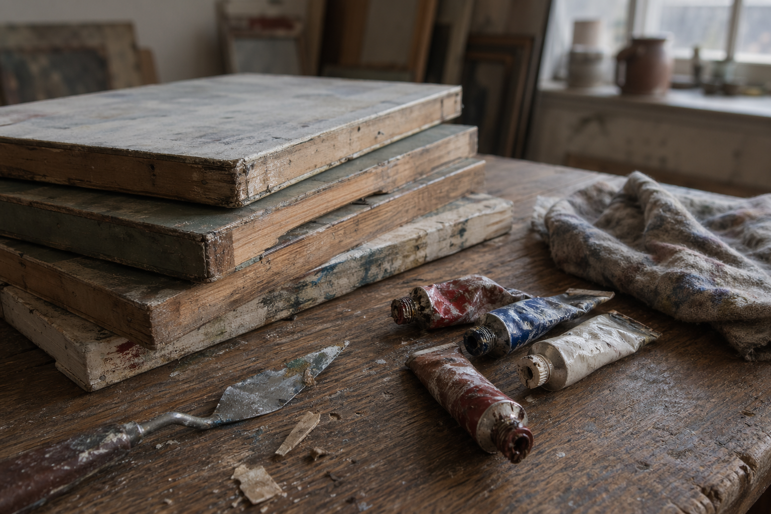 A small stack of wooden painting panels beside several oil paint tubes on a wooden surface