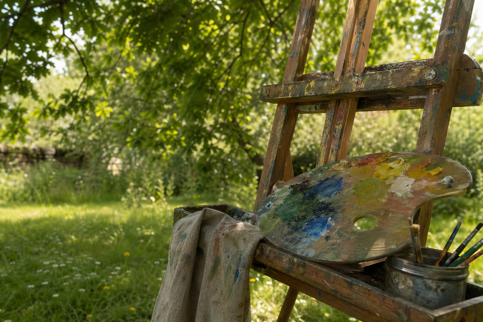 Wooden easel and paint palette in dappled shade on a sunny summer day outdoors