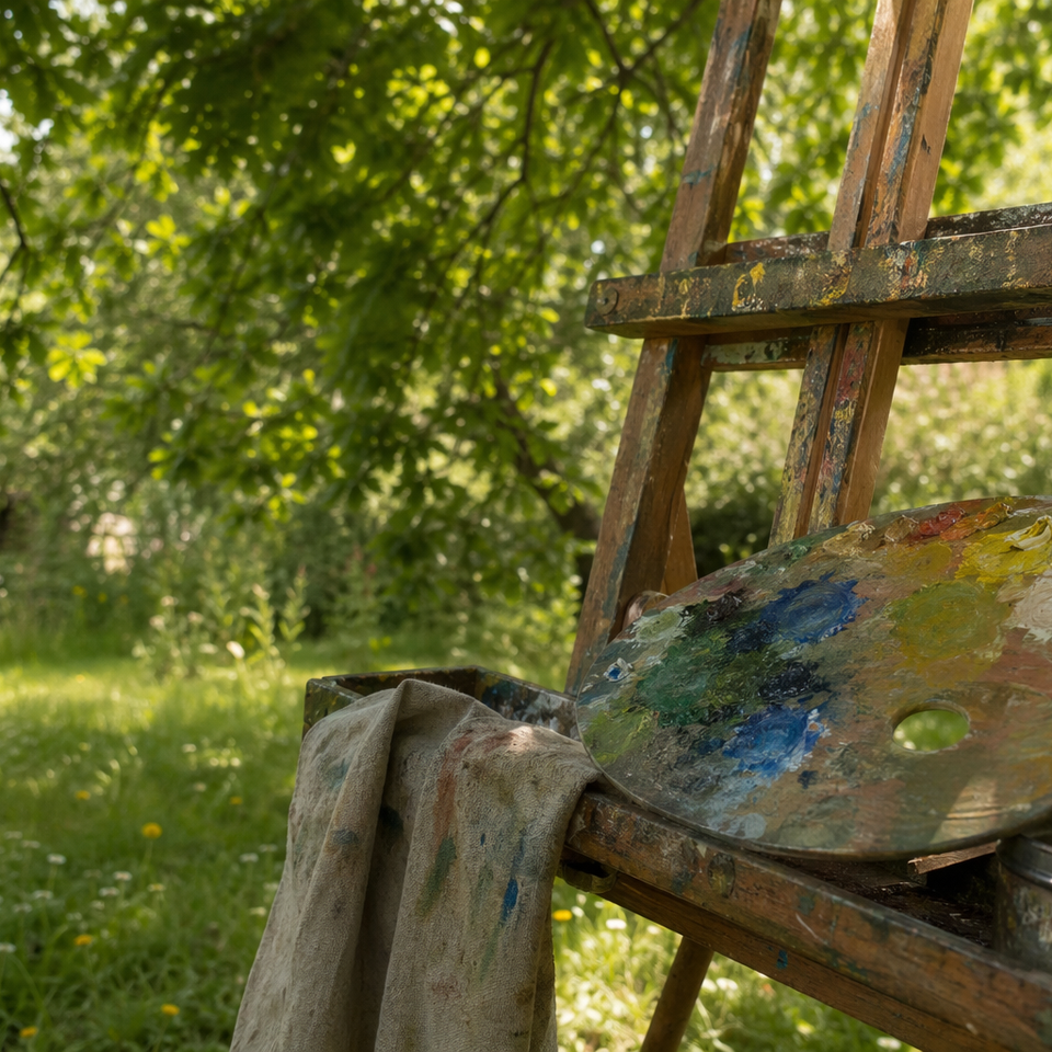 Wooden easel and paint palette in dappled shade on a sunny summer day outdoors