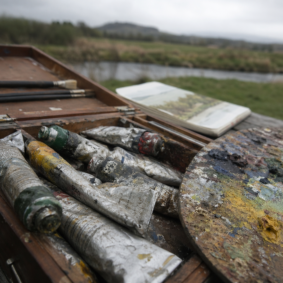 Several oil paint tubes arranged on an open wooden palette box outside