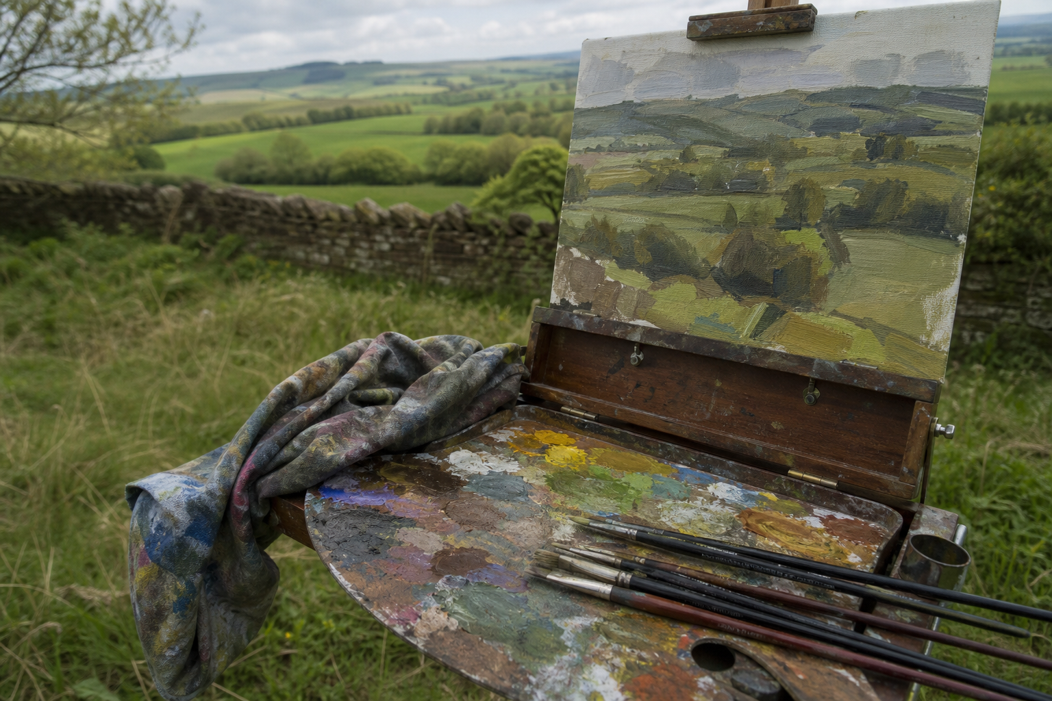 Portable easel and paint palette set up in open British countryside on a clear day.