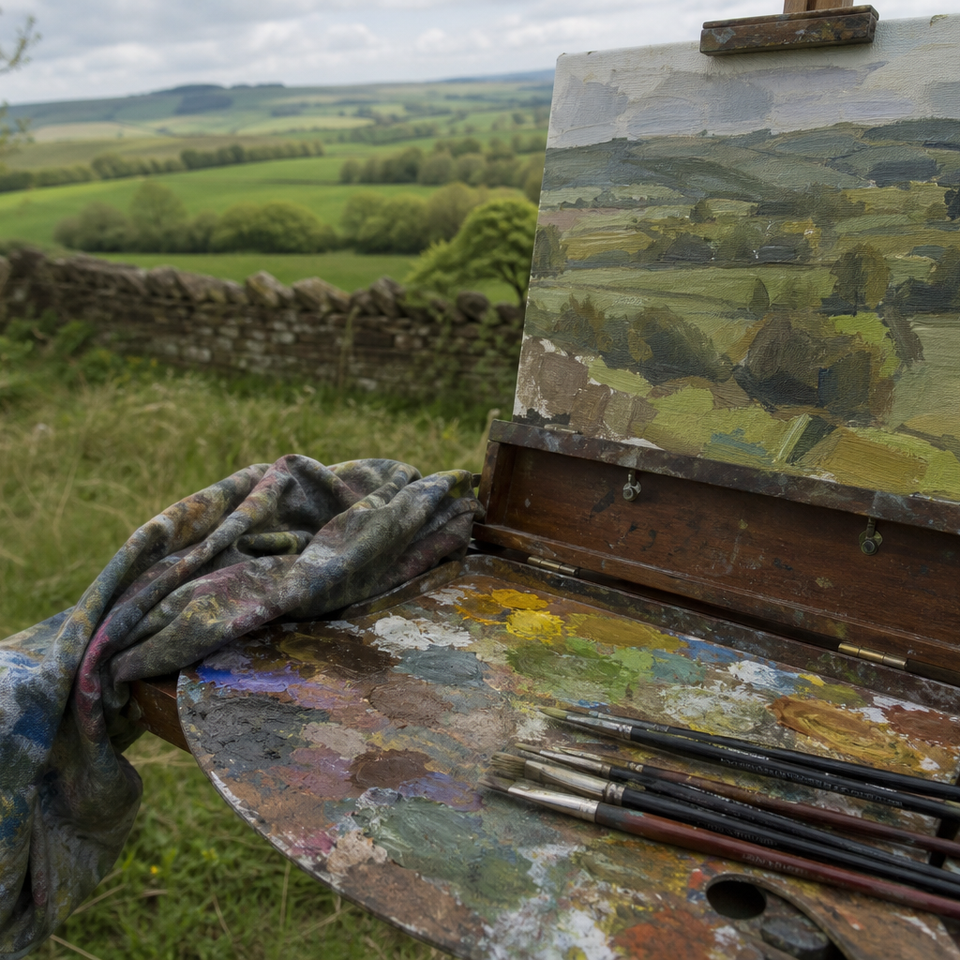 Portable easel and paint palette set up in open British countryside on a clear day.
