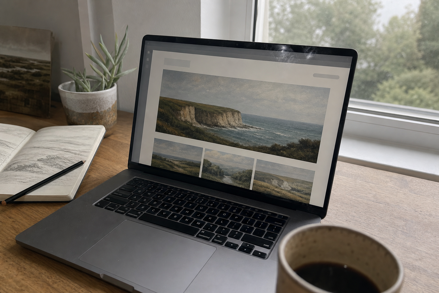 A laptop showing a clean art gallery website with landscape paintings on display