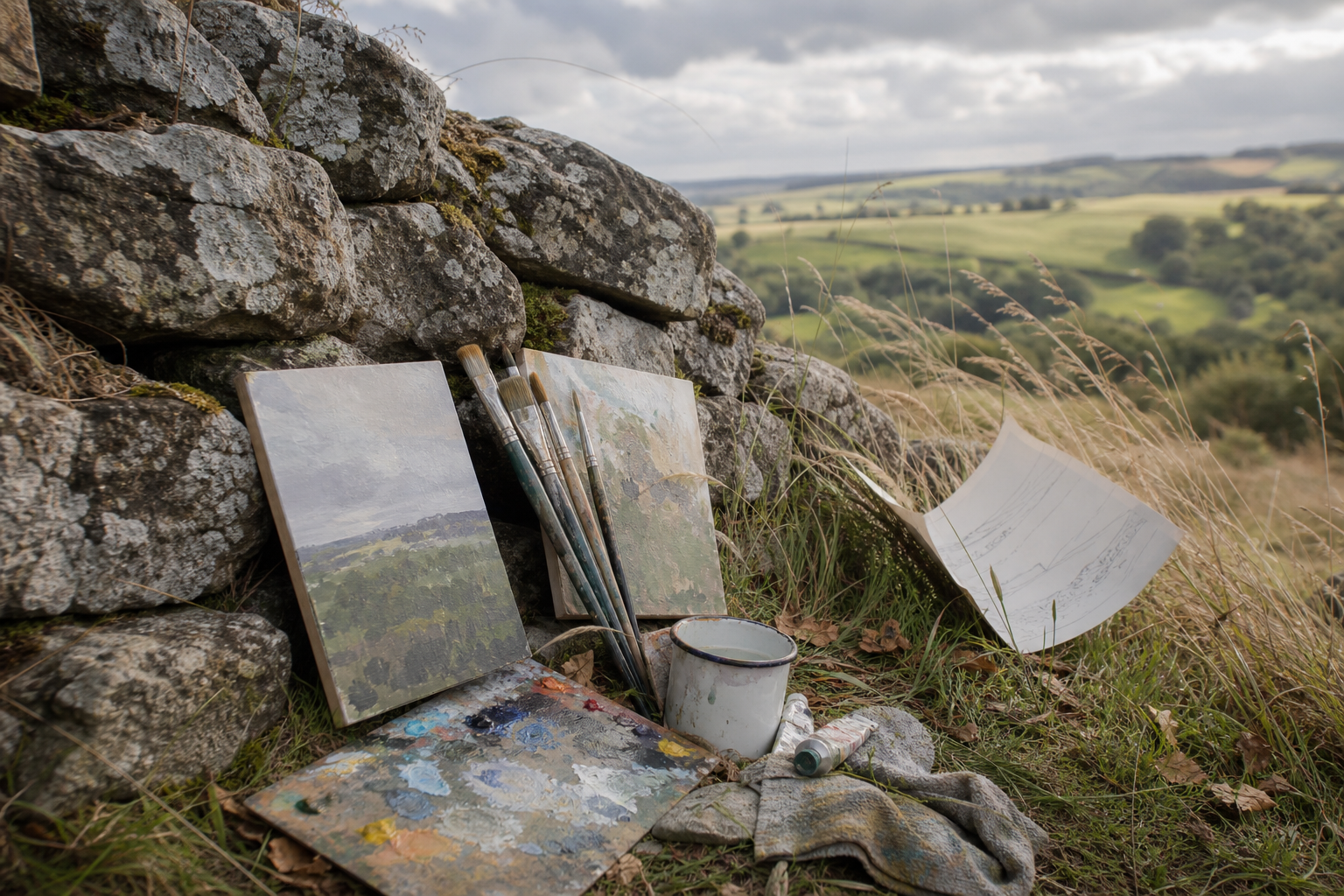 Small wooden painting panels and brushes resting against a weathered dry-stone wall.