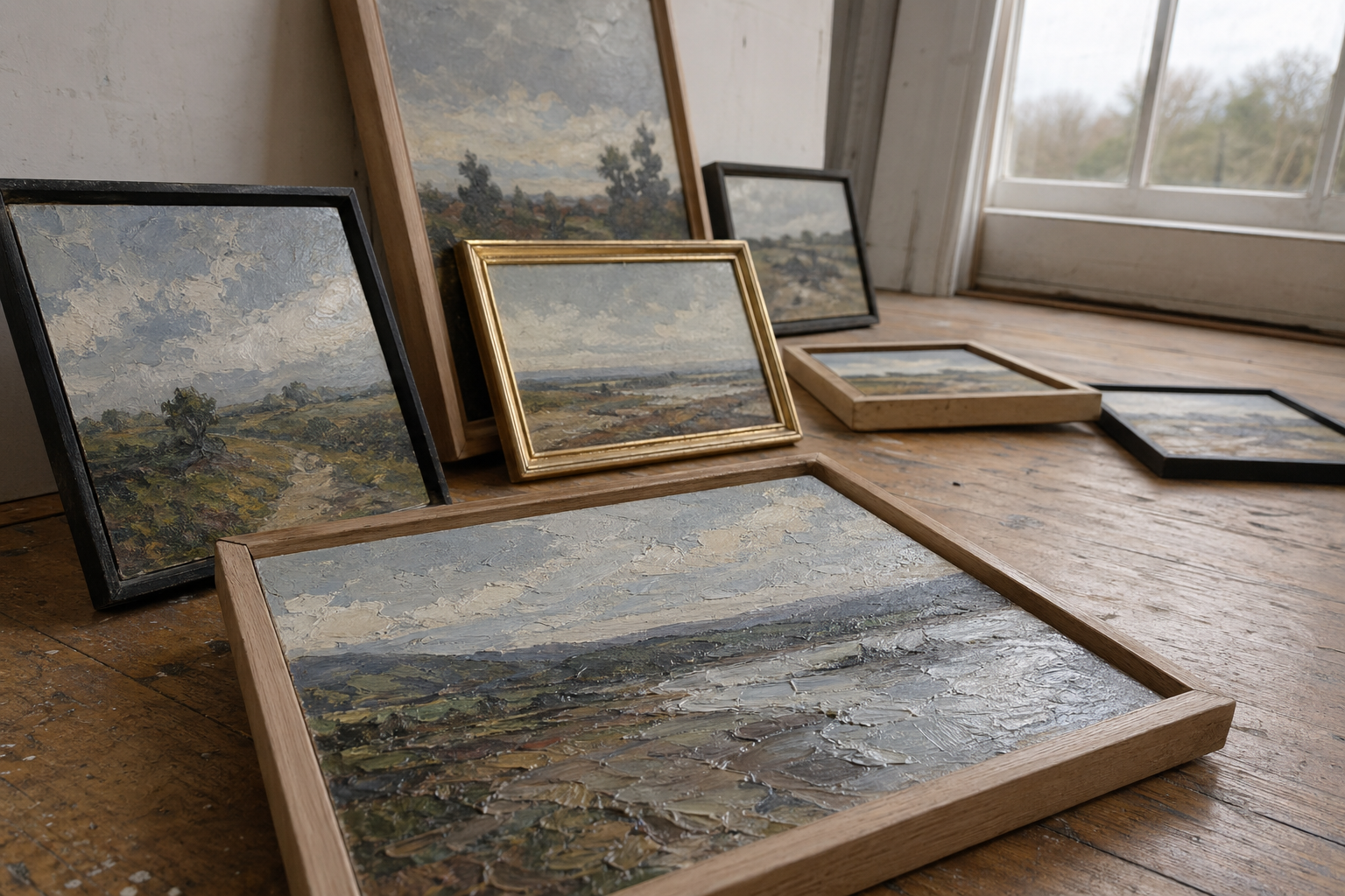 Several small framed oil landscape paintings arranged on a wooden floor