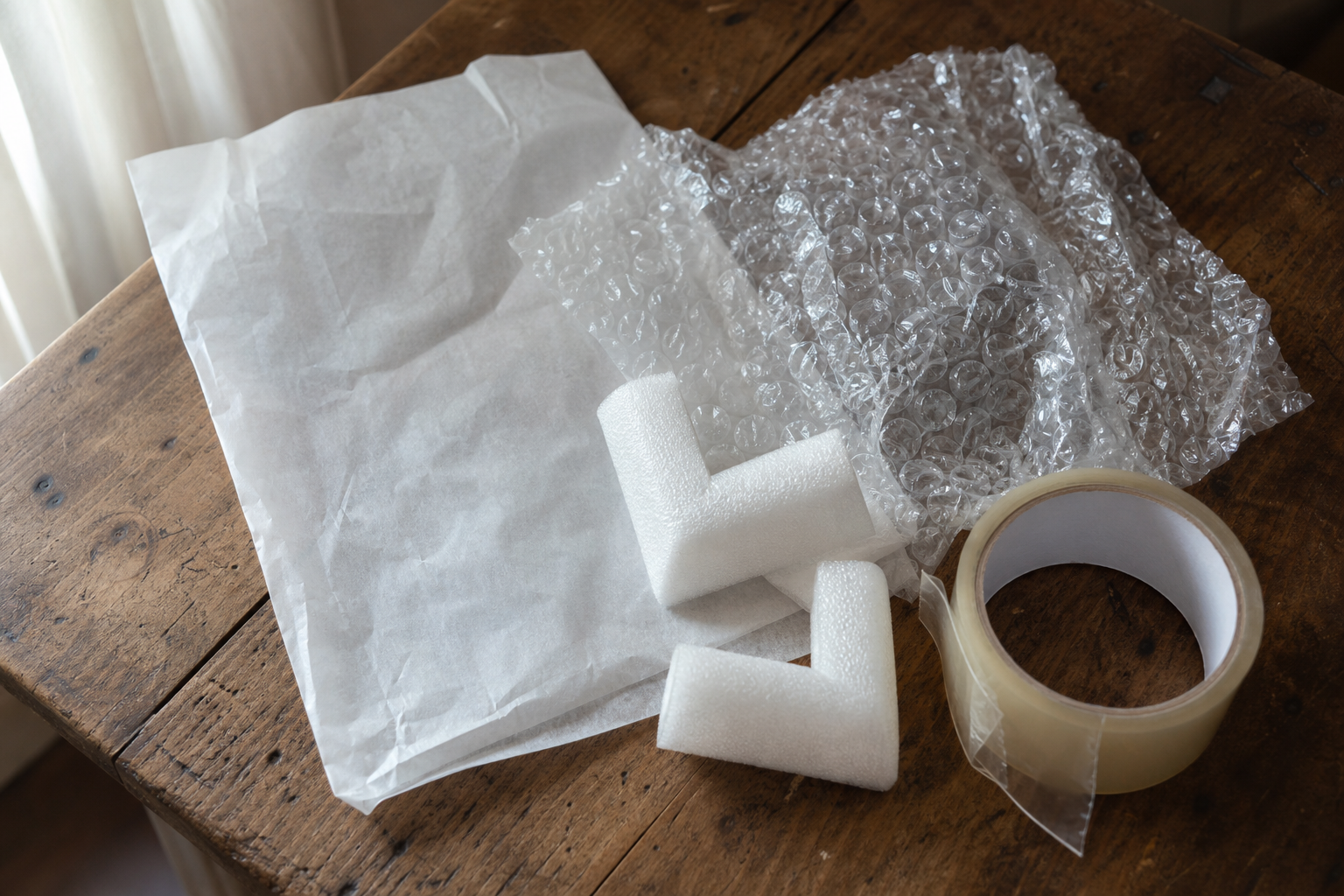 Glassine paper, bubble wrap, foam corner protectors, and parcel tape arranged on a wooden surface.