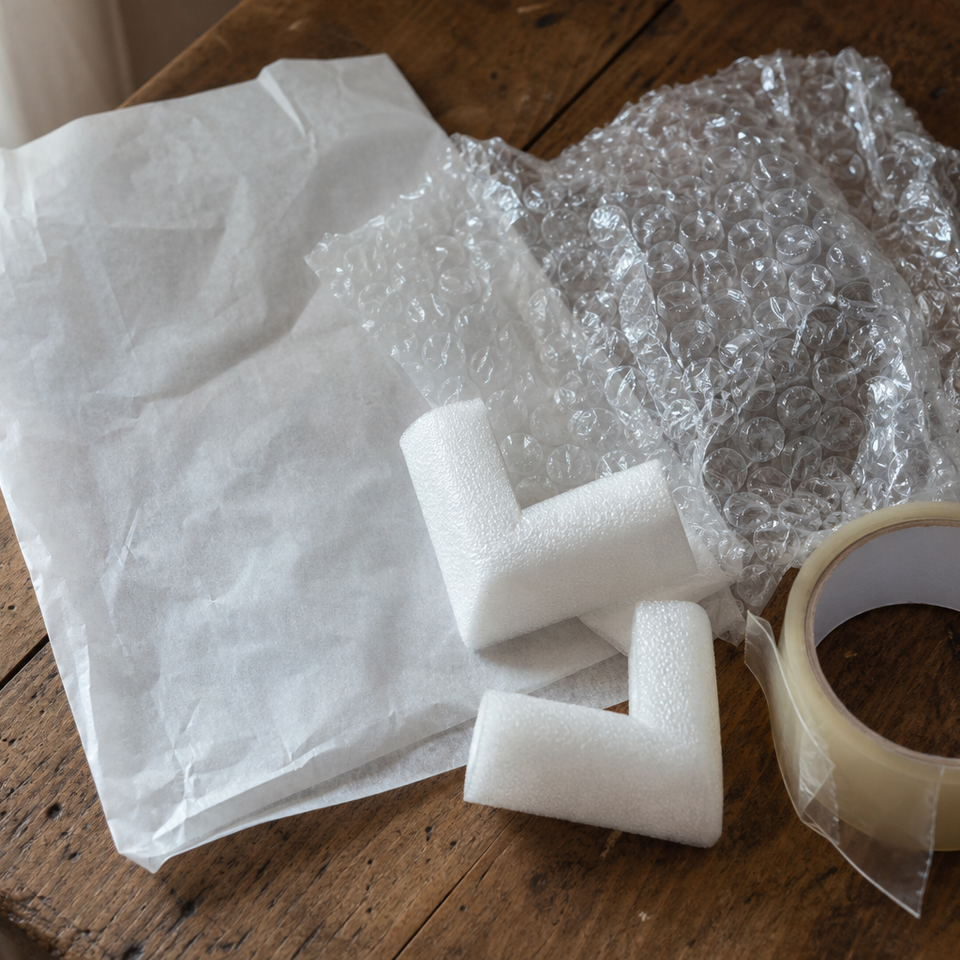 Glassine paper, bubble wrap, foam corner protectors, and parcel tape arranged on a wooden surface.