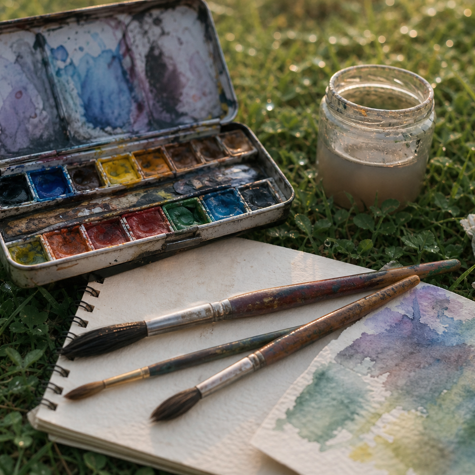 Compact watercolour pan set, brushes, and paper on grass outdoors