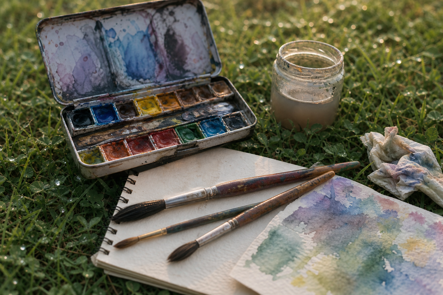 Compact watercolour pan set, brushes, and paper on grass outdoors