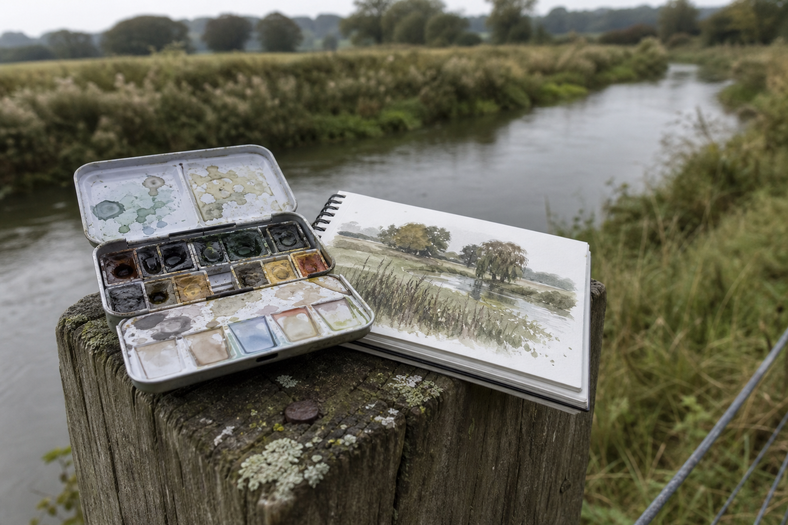 Compact watercolour palette and sketchbook resting on a wooden fence post beside a river