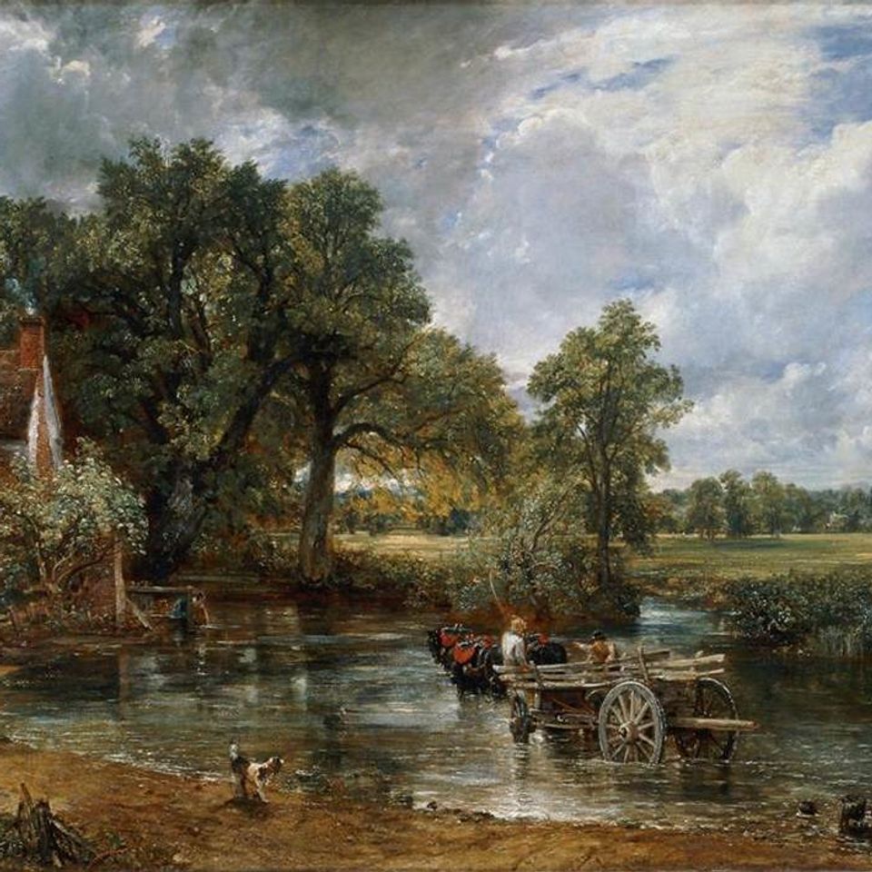 The Hay Wain by John Constable, showing a horse-drawn cart crossing the River Stour beside Willy Lott's Cottage