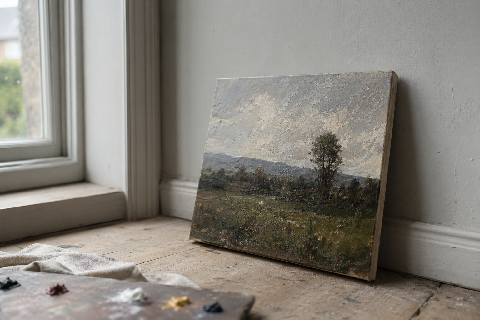 Small oil painting propped against pale grey wall in soft window light
