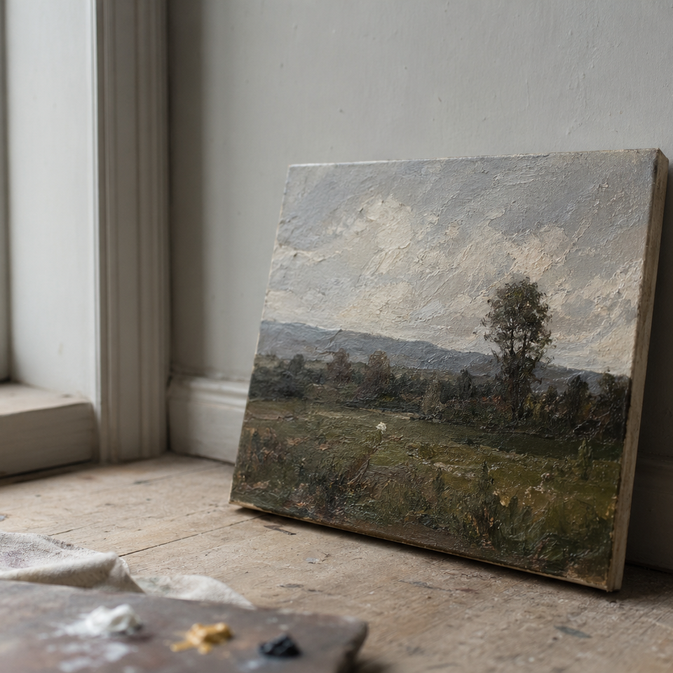 Small oil painting propped against pale grey wall in soft window light