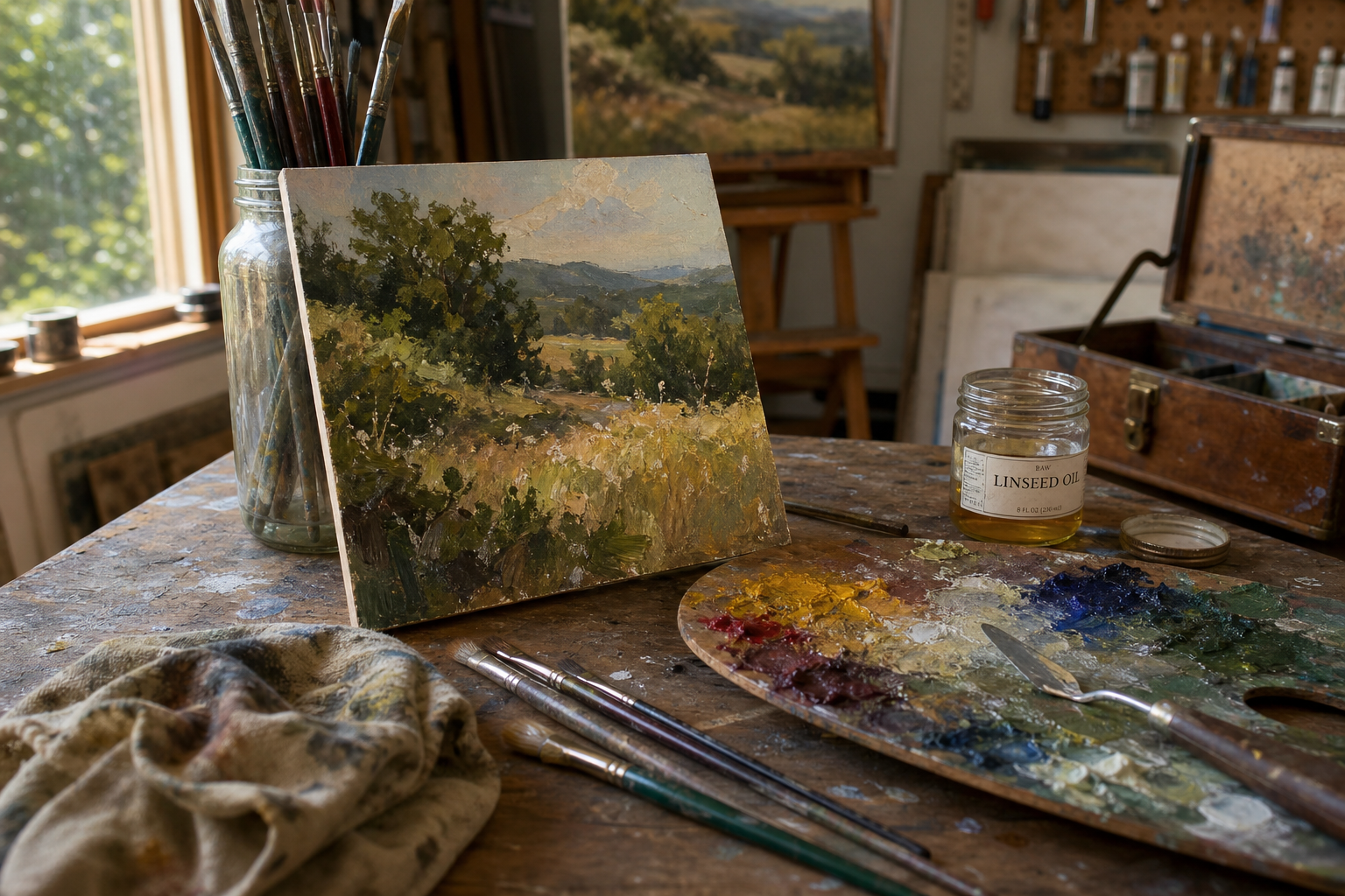 Small oil painting panel on a studio table beside brushes and a palette