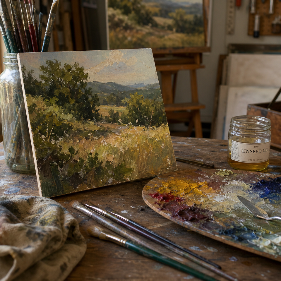 Small oil painting panel on a studio table beside brushes and a palette