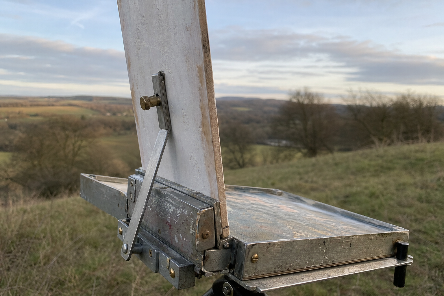 Panel extender bar fitted to a small metal pochade box holding a tall painting panel