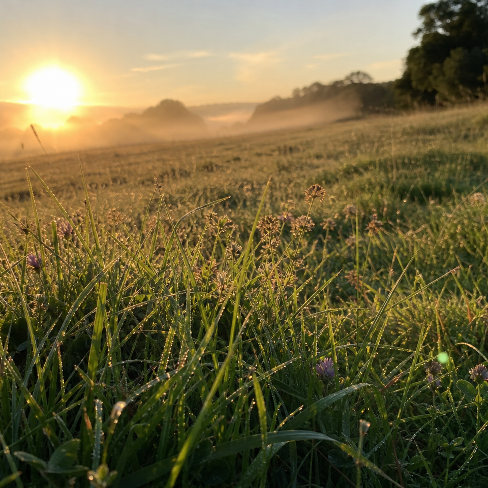 Warm golden light raking across an open field with long cool shadows at sunrise