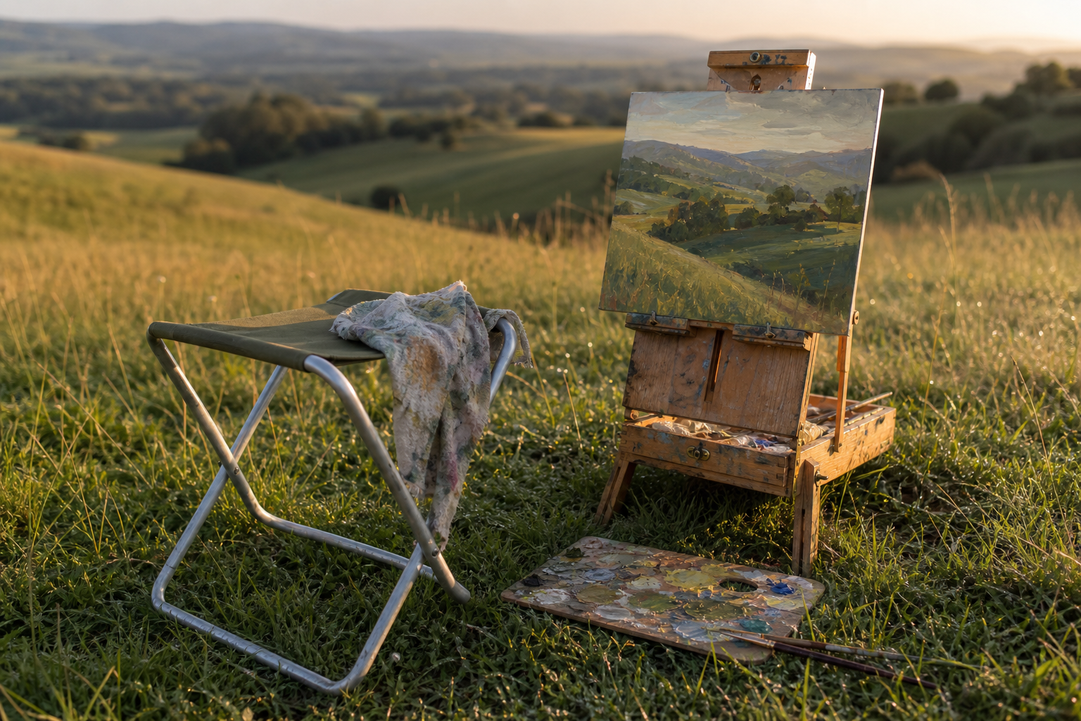 Lightweight folding stool beside a small easel on open grassland