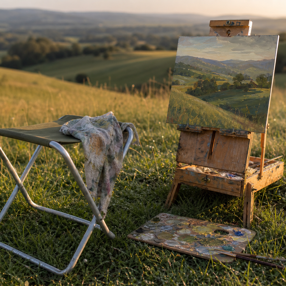 Lightweight folding stool beside a small easel on open grassland
