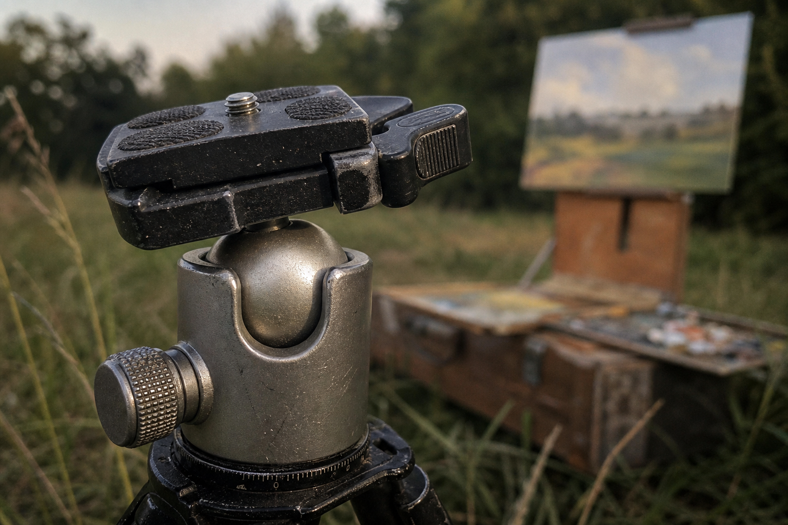 Close-up of a metal ball head and quick-release plate on a tripod outdoors