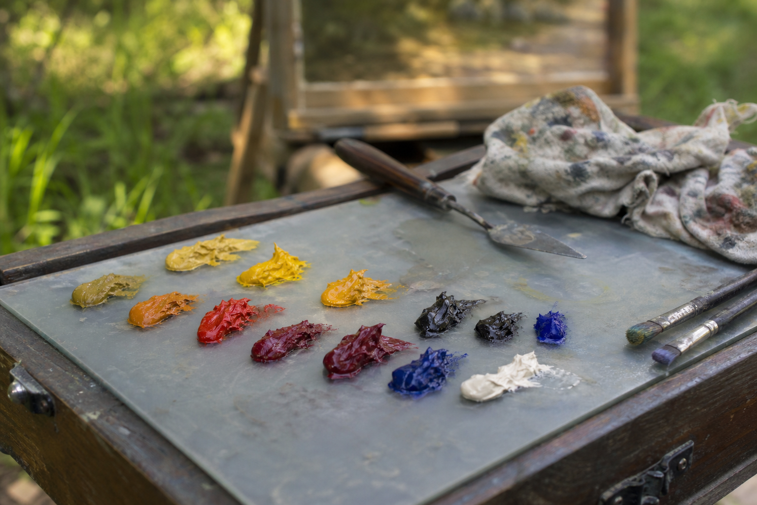 Grey glass palette with organised rows of oil paint ready for outdoor mixing