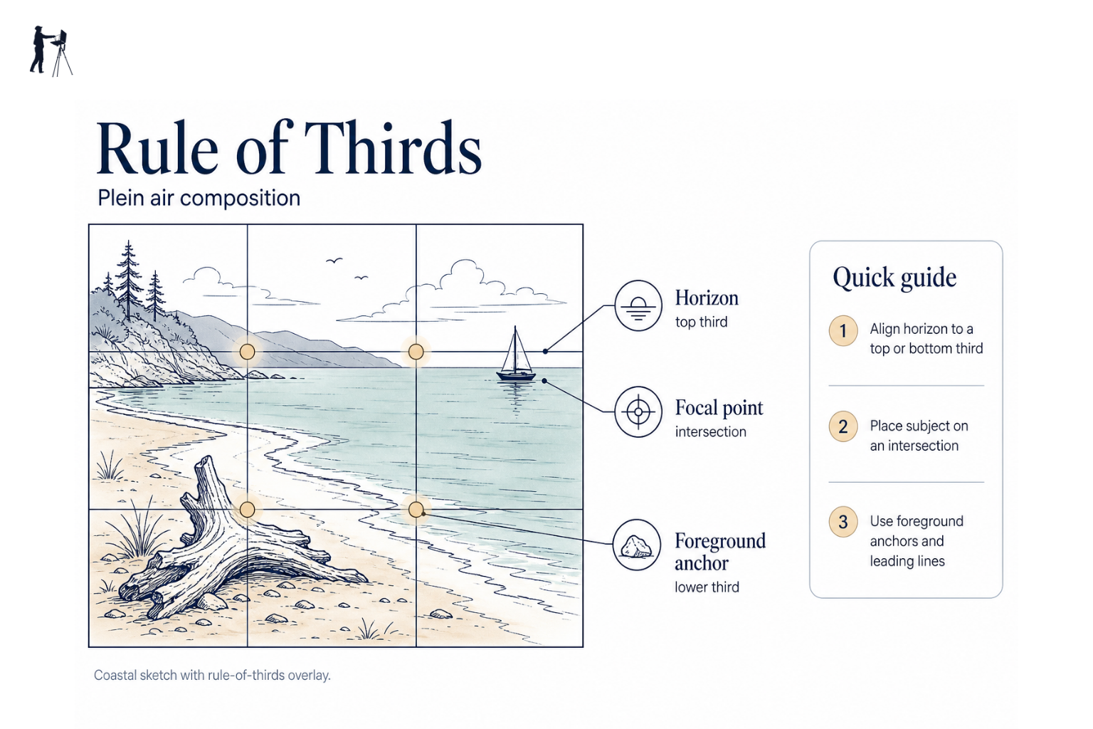 Diagram showing rule of thirds grid overlaid on a coastal landscape sketch