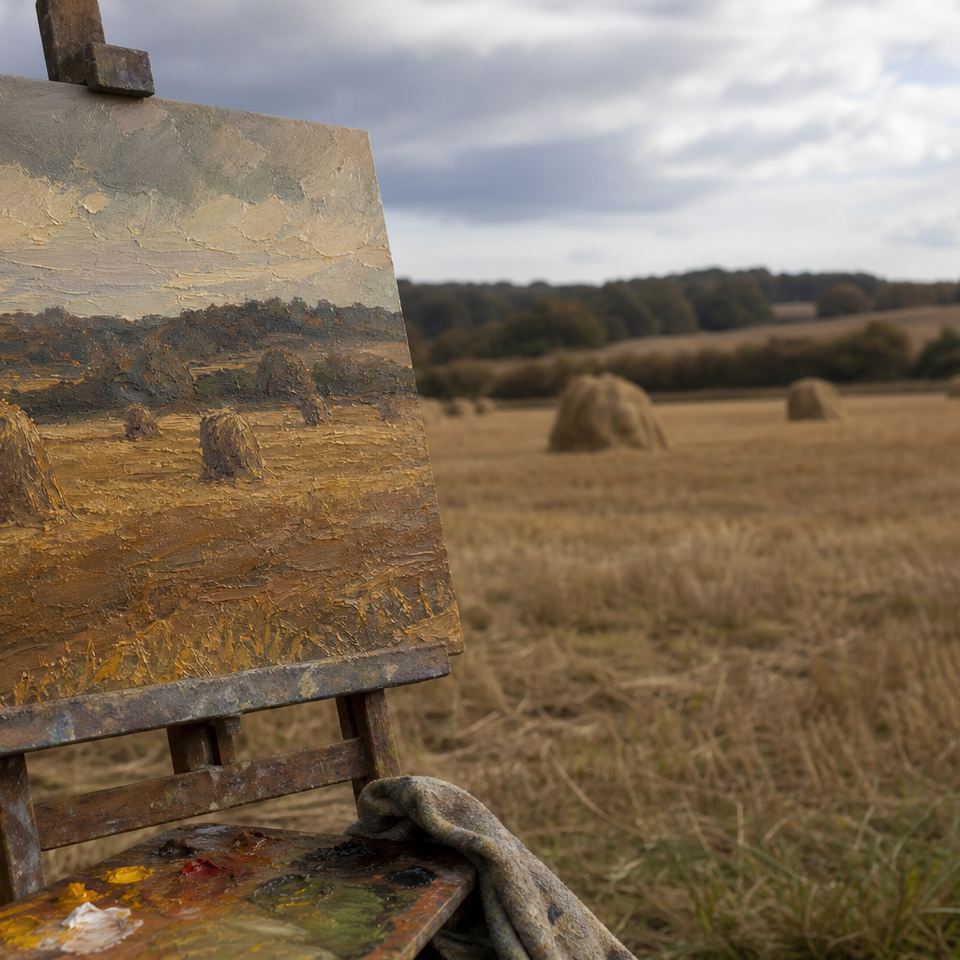 Painting of haystacks in a golden field under changing autumn light