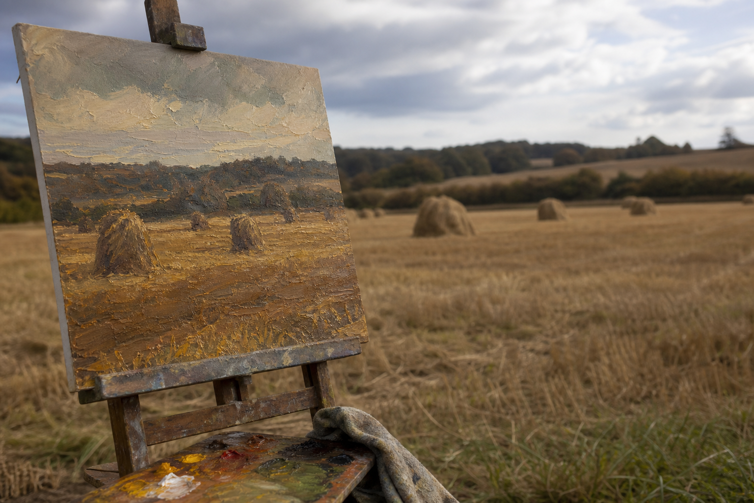 Painting of haystacks in a golden field under changing autumn light
