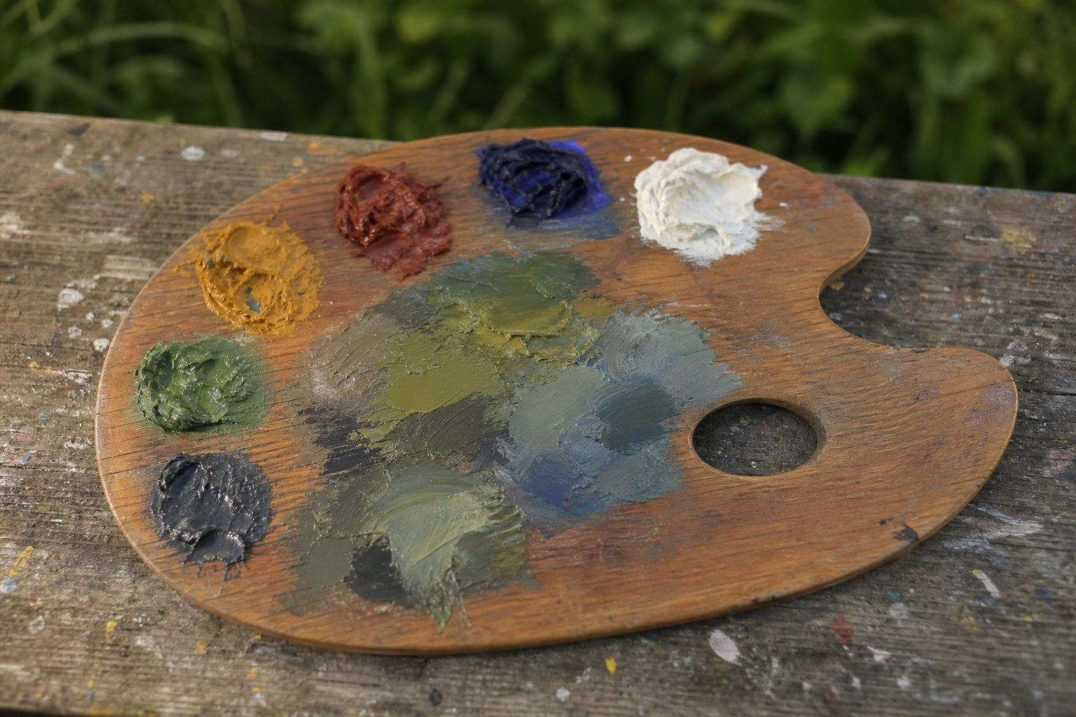 A compact wooden palette with six paint colours and mixed greens and greys