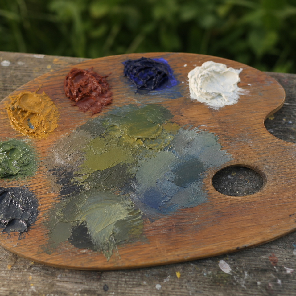 A compact wooden palette with six paint colours and mixed greens and greys
