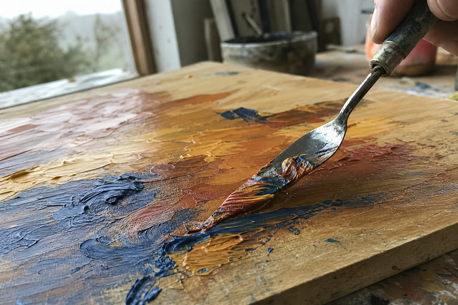 A palette knife lifting and scraping wet oil paint from a wooden painting panel