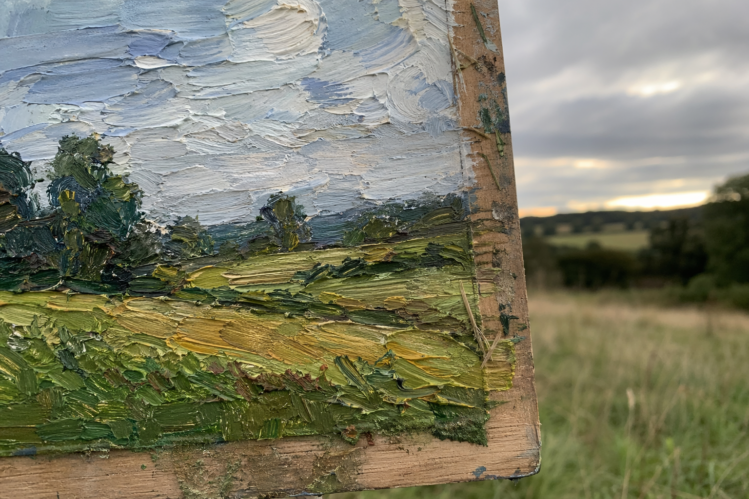 Close-up of thick impasto oil paint texture on a small landscape painting panel